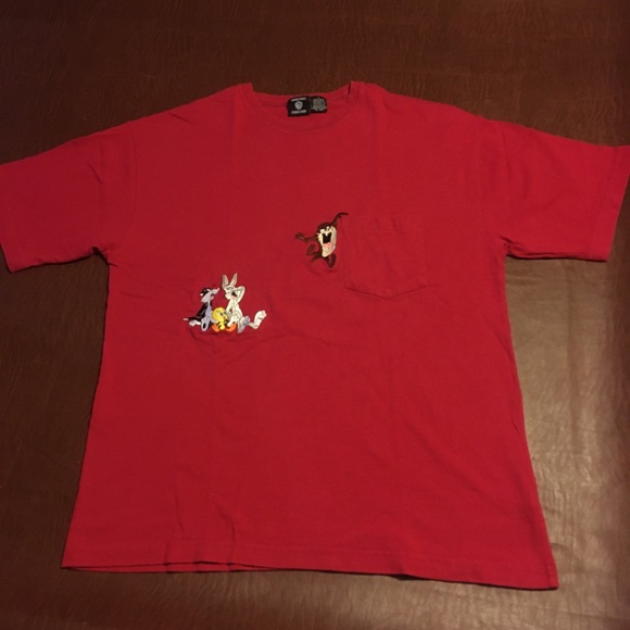 Vtg 90s Warner Bros Looney Tunes Pocket Tee Taz Bugs Red L - Picture 1 of 9